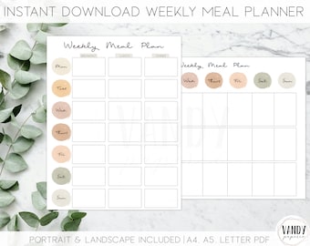 Printable Weekly Meal Planner, INSTANT DOWNLOAD, Weekly Menu Planner, Meal Planner Printable, Weekly Meal Plan, Minimalist Meal Planner