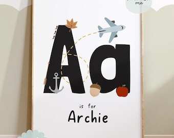 Personalised Initial Print, Alphabet Print, ABC,  Educational Print, Nursery Art, Playroom Prints, Montessori Bedroom Art, Educational Art