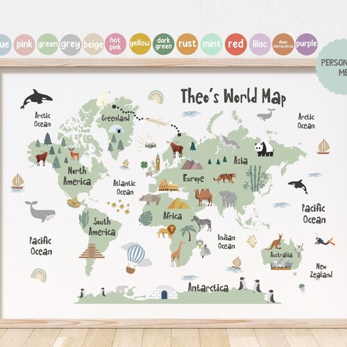 Kids Animal World Map Print World Map Nursery Children's | Etsy