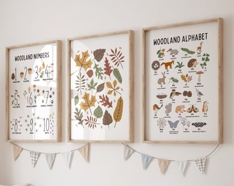 Set of 3, Woodland Alphabet, Woodland Numbers, Educational Prints, Forest Decor, Woodland Nursery, Neutral Decor, Playroom, Animals, Leaves