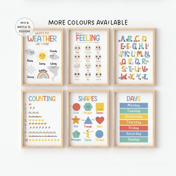 Set Of 2 3 4 6, Learning, Education Prints For Children's Bedroom Nursery Or Playroom, Feelings, Weather, Shapes, Days, Numbers, Alphabet