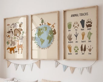 Set of 3, Woodland Prints, Animal Tracks, Mighty Oaks, Forest, Woodland Nursery, Neutral Decor, Playroom, Footprints, Neutral Nursery Prints