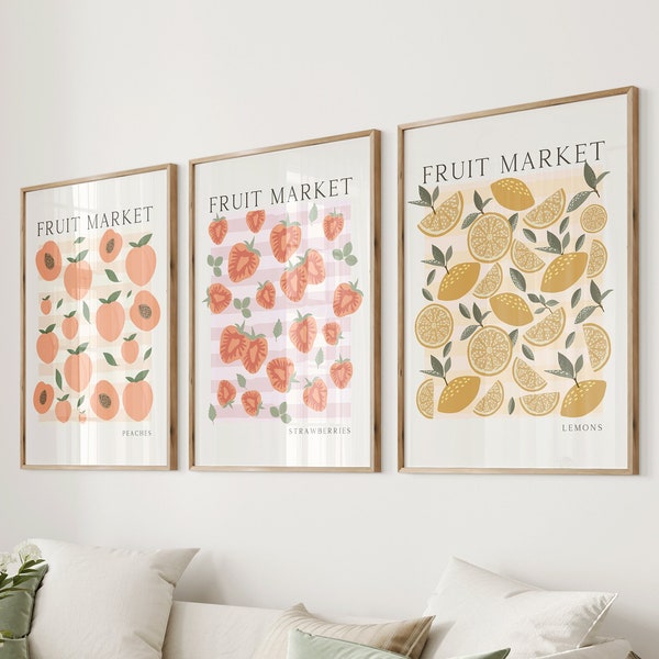 Set Of 3, Fruit Market Prints, Fruit Prints, Boho Fruit Art, Bedroom Wall Décor, Nursery Prints, Kitchen Prints, Strawberry, Peach, Lemons