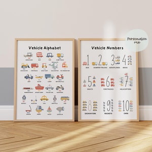 May include: Two printable posters featuring a vehicle alphabet and vehicle numbers. The alphabet poster shows illustrations of various vehicles, such as a bus, car, helicopter, and truck. The number poster shows illustrations of vehicles, such as a bus, dumper truck, aeroplane, and bike, with the corresponding number.