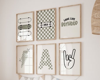 Set Of 3, 6, Skateboard, Cool Kids, Check Pattern, Boys Prints, Retro Scandi, Skater Prints, Boy Wall Art, Nursery, Checkerboard Pattern