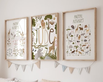 Set of 3, personalised safari, animal alphabet print, jungle decor, Kids prints, safari nursery, jungle nursery, educational prints, numbers