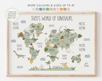 Dinosaur World Map Prints, A4 - A1, Various Colours, Nursery Print, Kids Bedroom Maps, Dinosaur bedroom, Dinosaur Maps, Dino Prints, Kids