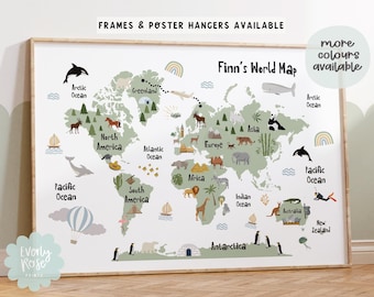 World Map Prints, A4 - A1, Various Colours, Nursery Print, Kids Bedroom Maps, Animals Of The World, Animal Maps Print, Safari Decor, Framed