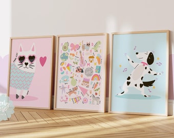 Set Of 3, Retro Playroom Prints,  Nursery Print, Colourful Prints, Cool Cat Prints, Retro Kids Prints, Girls Bedroom Prints, Teen Prints