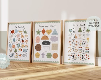 Set of 3, Playroom Prints, Shapes And Colours, Alphabet, Numbers & Counting, Counting Prints, Educational Playroom Decor, Educational