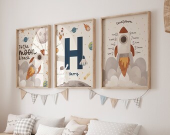 Set of 3, Space Theme Prints, Solar System, Galaxy Prints, Childrens Space Prints, Space Decor, Nursery, Bedroom Prints, Rocket Countdown