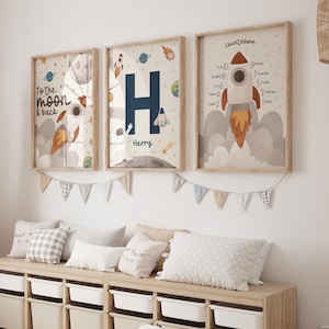Juego de 3 láminas con temática espacial, sistema solar, galaxias, infantiles, decoración espacial, guardería, dormitorio, cuenta regresiva de cohetes