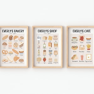 Set of 3, Personalised, Bakery, Shop, Cafe Prints, Scandi, Playroom Prints, Educational, Role Play Decor, Play Kitchen Accessories, Prints