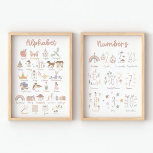 Set Of 2, Educational, Fairy Prints, Princess, Castle, Girls Prints, Unicorn Wall Art, Nursery Prints, Fairytale, Alphabet, Counting, Art