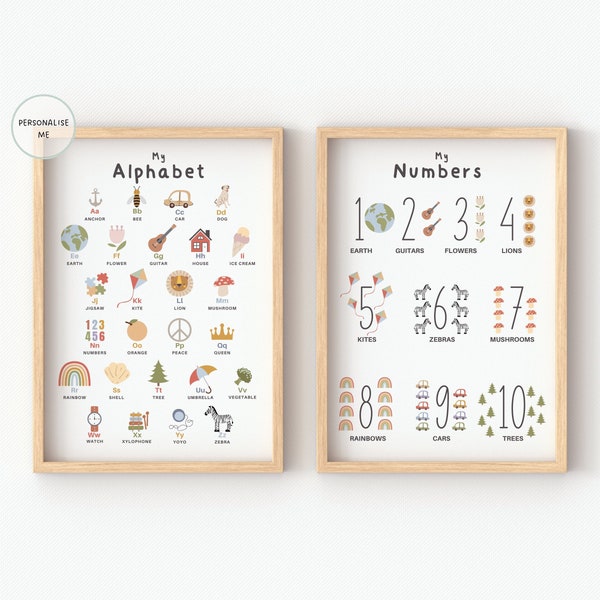 Set Of 2, Learning, Education Prints For Children’s Bedroom Nursery Or Playroom, Alphabet, Numbers, Scandi Style, Kids Decor, Nursery Prints