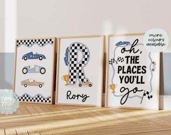 Set of 3, Personalised, Race Car Prints, Vehicle Prints, Racing Car, Boys Bedroom Prints, Vintage Racer, Playroom Prints, Boys Gifts