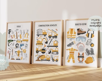 Set Of 3, Construction Theme Prints, Boys Bedroom Prints, Transport Prints, Toddler Boys, Construction Decor, Construction Tools, Vehicles