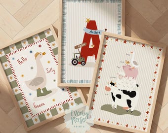 Personalised, Silly Goose, Farm Animal Prints, Toddler Boys Bedroom Wall Art, Nursery Prints (Set of 3)