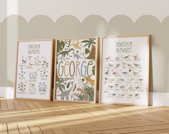 Set of 3, Personalised Name, Dinosaur Prints, Types Of Dinosaur, Educational Prints, Decor, Dinosaur Nursery, Playroom, Girls, Boys, Neutral