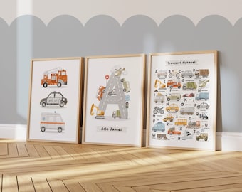 Set Of 3, Personalised, Transport Alphabet Prints, Numbers, Vehicles, Boys Bedroom Prints, Boy Playroom Prints, Car Decor, Educational Print