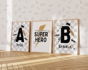 Set Of 3, Personalised, Superhero Prints, Boys Bedroom Decor, Superhero Wall Art, Superhero Prints, Children's Art, Brother Prints, Playroom
