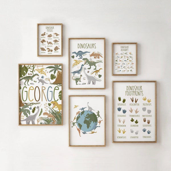 Juego de 6 impresiones de dinosaurios para pared, personalizadas, para decorar habitaciones infantiles, dormitorios de niños y niñas.
