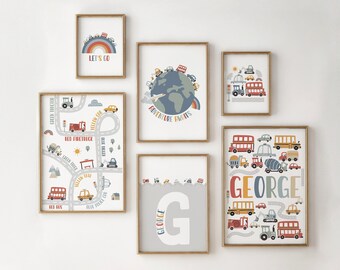 May include: A set of six framed prints featuring a colorful road map with various vehicles, a globe with the text "Adventure Awaits", a rainbow with the text "Let's Go", and a large letter G with the name "George" repeated on the side. 