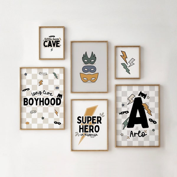 Set Of 6, Gallery Wall, Personalised, Superhero Prints, Boys Bedroom Decor, Superhero decor, Superhero Prints, Kids Room, Playroom Prints