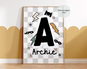 Personalised, Superhero Prints, Boys Bedroom Decor, Superhero Wall Art, Superhero Decor, Children's Art, Playroom, Hero, Checkerboard Style