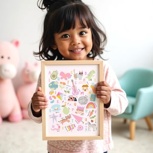 May include: A framed alphabet chart with colorful illustrations of animals, objects, and letters. The chart is on a white background with a light wood frame.