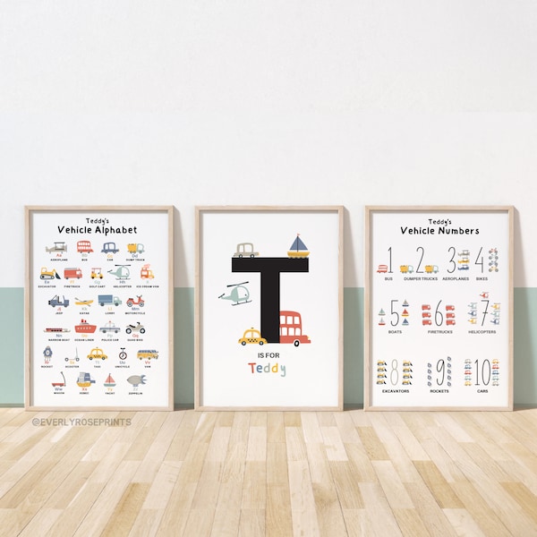 Set of 3, Vehicle Alphabet, Transportation Numbers, Educational Prints, Decor, Car Nursery, Vehicle Prints, Playroom, Car Wall Decor, Cars