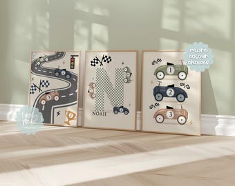 Set of 3, Personalised, Race Car Prints, Vehicle Prints, Racing Car, Boys Bedroom Prints, Vintage Race Car, Playroom Prints, Boys Gifts