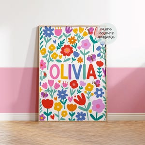 Láminas de flores personalizadas, láminas florales para habitación infantil, láminas de flores silvestres, para adolescentes, láminas con nombre de niña, arte mural de flores silvestres, dormitorio de niña, flores brillantes