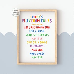 Personalised, Children's Playroom Prints, Playroom Rules, Play Area, Nursery Prints, Various Colours, Colourful Prints, Playcorner Decor