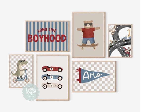 Personalised, Boys Gallery Wall, Nursery Prints, Playroom, Boys Bedroom, Neutral Prints, Vehicles, Teddy Bear On Skateboard, Boyhood Print