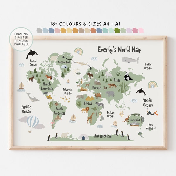 World Map Prints, A4 - A1, Various Colours, Nursery Print, Kids Bedroom Maps, Animals Of The World, Animal Maps Print, Safari Decor, Framed