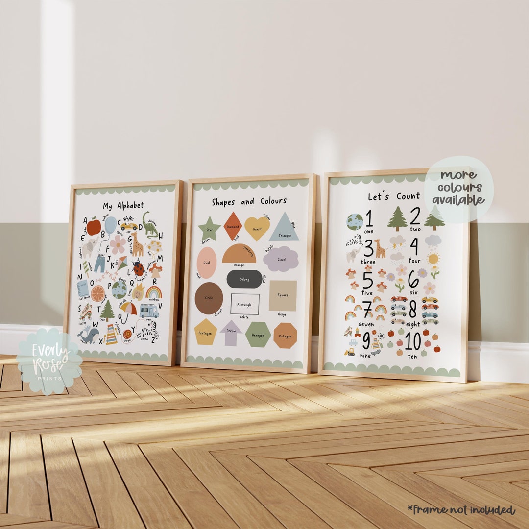 Set of 3, Playroom Prints, Shapes and Colours, Alphabet, Numbers ...