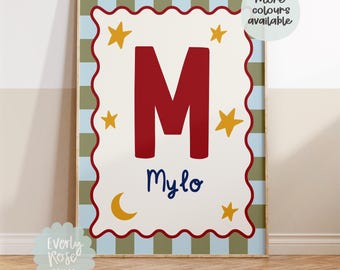 Personalised Initial Wall Art, Checkerboard Toddler Boys Nursery Print