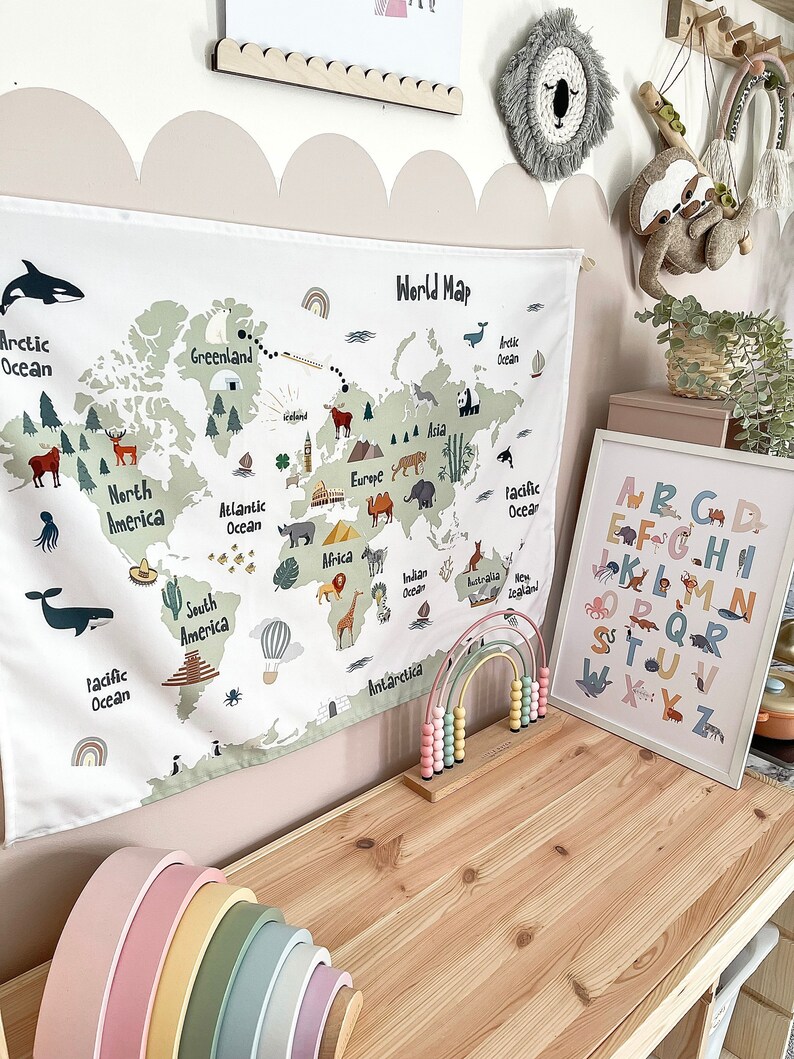 Fabric Wall Hanging World Map Prints Nursery Print Kids Etsy
