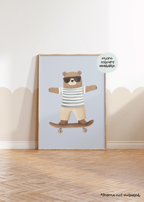 Bear Print, Skater Bear Nursery Art Print, Playful Kid’s Room Decor, Cute Animal Illustration, Kids Bedroom Decor, Skateboard, Cool Bear Art