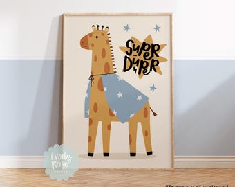 May include: A printable nursery art print featuring a cartoon giraffe wearing a blue cape with white stars. The giraffe is standing on a white background with the text "Super Duper" in black lettering.