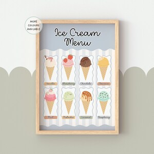 May include: A printable ice cream menu with illustrations of different ice cream flavours in waffle cones. The flavours include vanilla, strawberry, chocolate, banana, mint, pistachio, caramel, and raspberry.