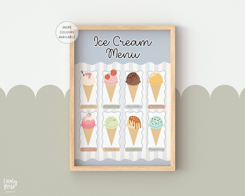 May include: A printable ice cream menu with illustrations of different ice cream flavours in waffle cones. The flavours include vanilla, strawberry, chocolate, banana, mint, pistachio, caramel, and raspberry.