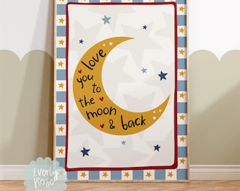 Love You To The Moon & Back Quote Wall Art Print, Toddler Boys Prints, Checkerboard Prints, Boys Decor, Nursery Prints, Playroom Prints