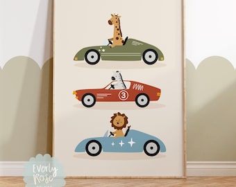 Animal Race Car Print, Animal Nursery, Whimsical Animals, Vintage Racing Car, Cool Animal, Nursery Wall Art, Boys Bedroom, Gifts, Vehicles
