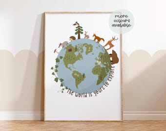 May include: A framed print with a blue and green illustration of the world with animals and plants surrounding it. The text "The world is yours to explore" is written in a brown font around the globe. The print is in a light wood frame.