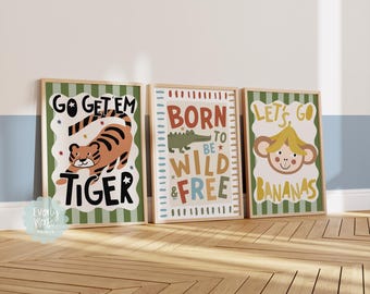 Set Of 3, Cool Animal Prints, Safari Animals, Monkey, Tiger, Children's Prints, Safari Nursery, Cool Animal Posters, Kids Bedroom Prints