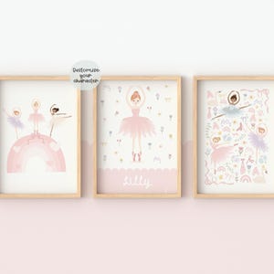 May include: Three framed prints with a ballerina theme. The first print features three ballerinas dancing on a rainbow. The second print features a single ballerina with the name "Lilly" below. The third print features a ballerina with a floral background.