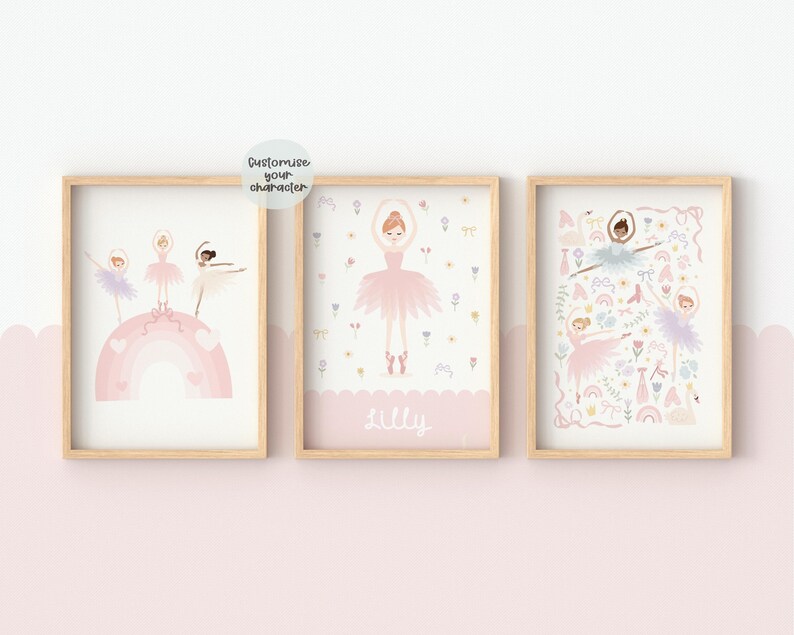 May include: Three framed prints with a ballerina theme. The first print features three ballerinas dancing on a rainbow. The second print features a single ballerina with the name "Lilly" below. The third print features a ballerina with a floral background.