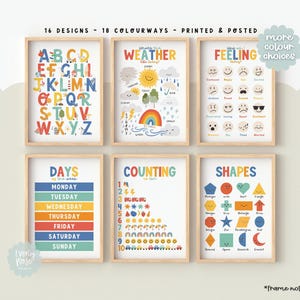 Juego de 2, 3, 4 y 6 láminas educativas para el dormitorio infantil, sala de juegos, sentimientos, clima, formas, días, números y alfabeto.